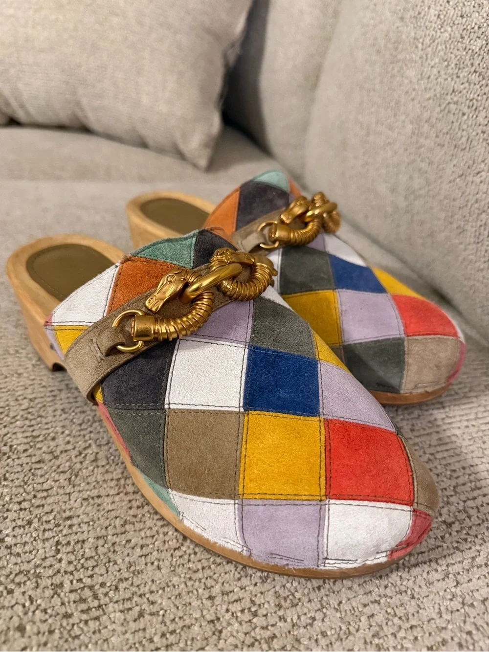 Tory Burch Jessa Patchwork Suede Clog Sandals Size 9